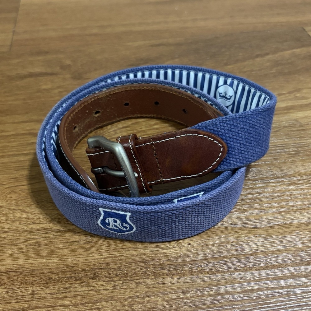Peter Millar Belt 42 Men's "R" Embroidered Logo Blue Leather Accents VGUC